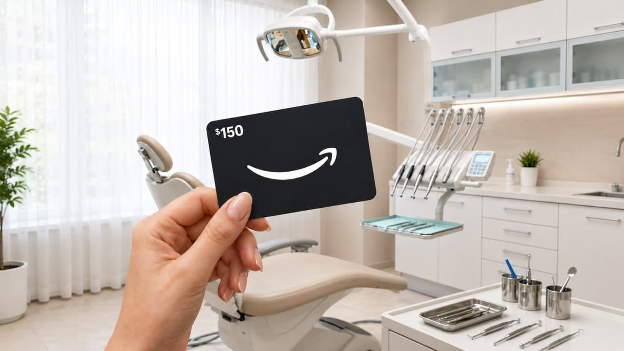 Hand holding a $150 Amazon Gift Card inside a modern dental office
